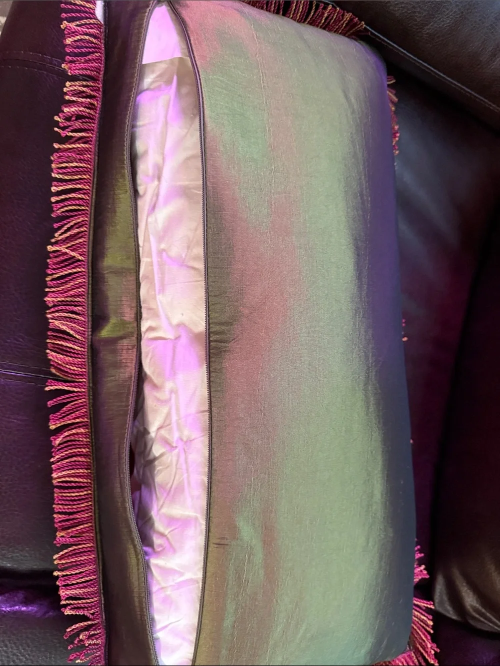 Fuchsia Paisley silk Fringe Accent Pillow - Decorative Throw 22by 12.